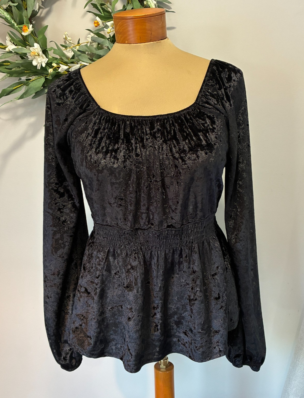 Maurices Black Crushed Velvet Top Smocked Waist Square Neck Peplum Whimsigoth, L